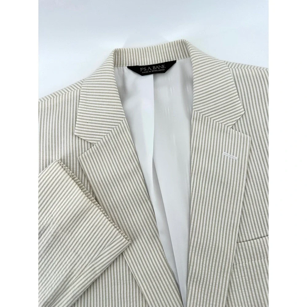 Jos. A. Bank Stays Cool Mens Suit 41L 35W Tan Seersucker Cotton Tailored Fit